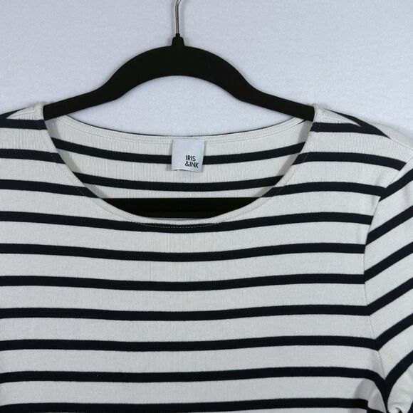 Iris & Ink White Navy Striped Round Neck 3/4 Sleeve Breton Top Blouse Size S - Picture 3 of 8